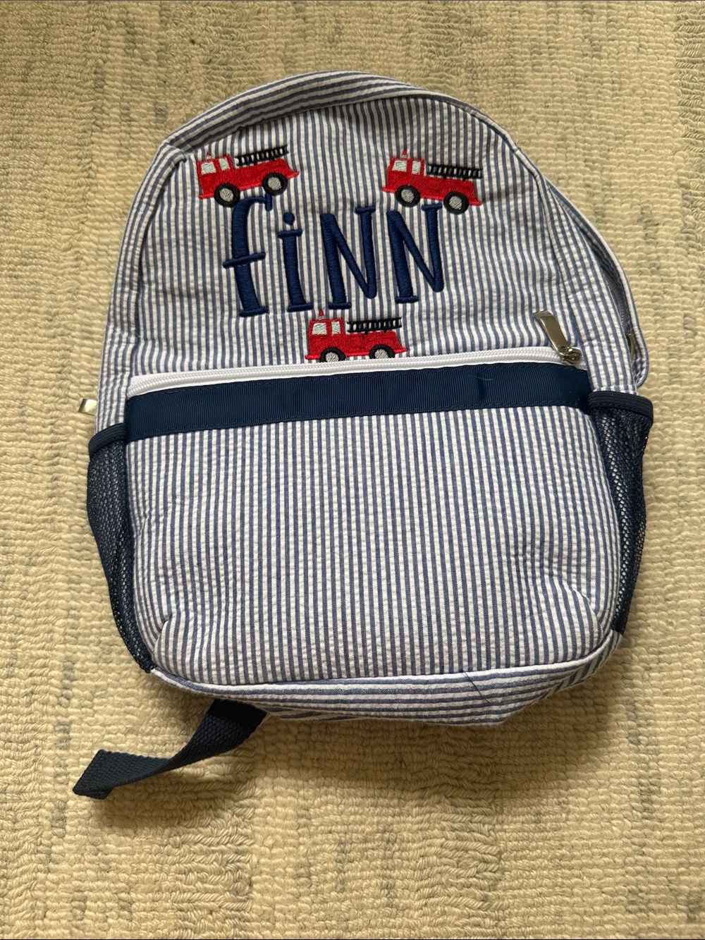 Personalized 'Finn' Kids Backpack with Red Fire Truck Embroidery